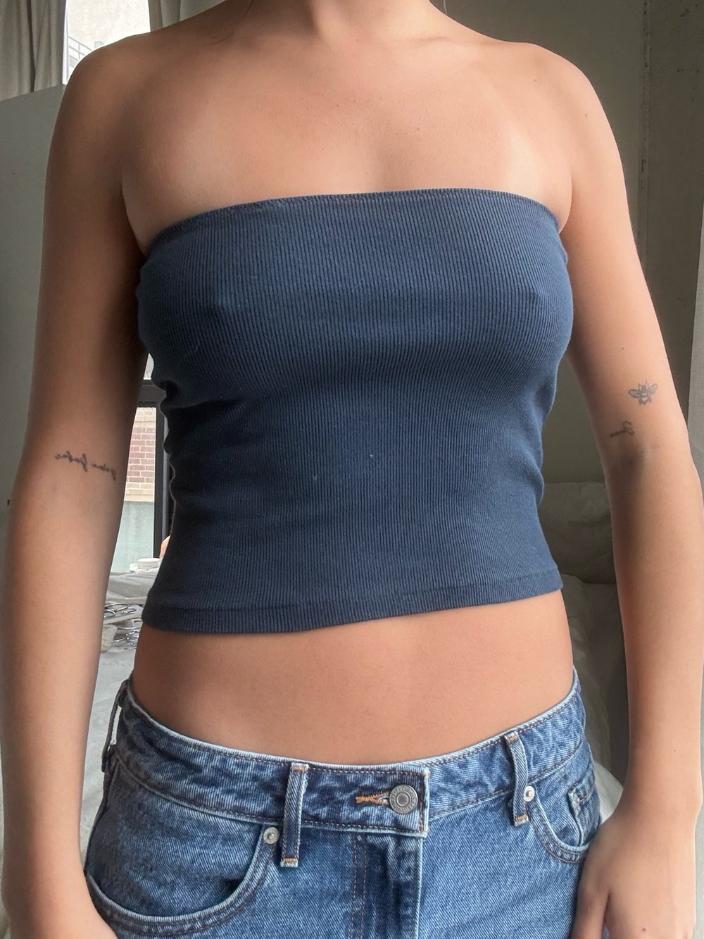 Brandy Melville Ribbed Strapless Tube Top - navy